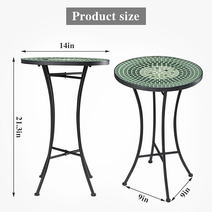 Vipush Mosaic Outdoor Side Table, 14" Round Folding Plant Stand for Patio Garden Backyard Balcony Porch Indoor Accent End Table for Living Room, Ceramic Tabletop with Black Iron, Green