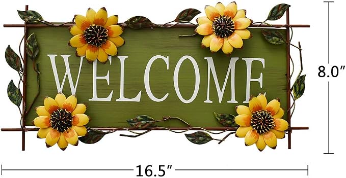 Morning View Metal Sunflower Welcome Sign Hanging Flower Wall Decor Door Sign Decorative Wall Plaque Outdoor Garden Porch Yard Home Decor 16.5X8 Inch