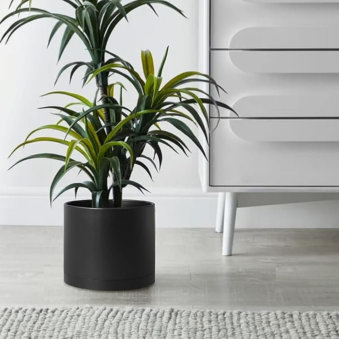 Giraffe Creation 10 Inch Cylinder Plant Pot, Modern Round Planter with Drainage Holes and Saucer, Lightweight Plastic Flower Pot for Indoor Outdoor Plants, Black