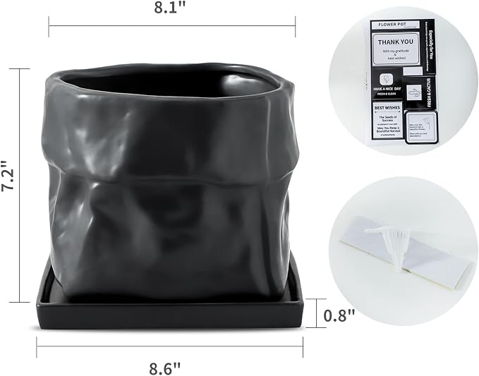 Nihow 8 Inch Ceramic Plant Pot with Drainage & Square Saucer,Black | Bag Shape Design,Indoor & Outdoor,Living room/Office/Bedroom/Windowsill/Tabletop,Plant Lovers/Gardeners/Beginners