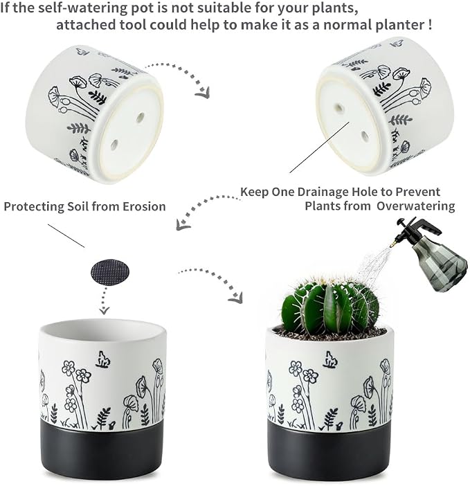 Nihow Self Watering Pots for Indoor Plants,4.5 Inch,White,Hand Painting | Ceramic Planter, Drainage Hole & Water Storage Plus, Cylinder Round Flower Pot, For Succulent/Herbs/Violets