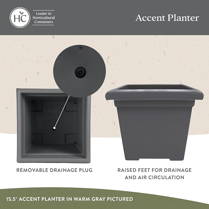 The HC Companies 15.5 Inch Accent Square Plant Pots with Drainage, Lightweight UV-Resistant Plastic Planters for Indoor & Outdoor Plants, 2-Pack Flower Pots for Garden, Office & Home Decor, Clay