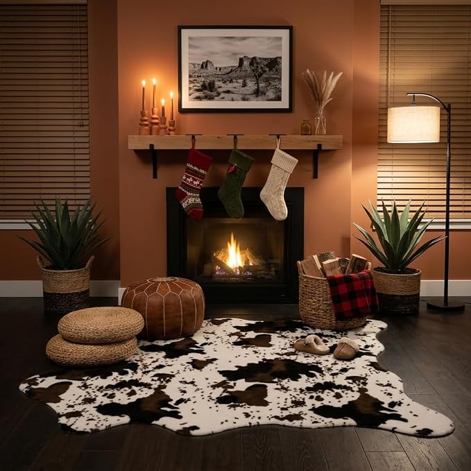 MustMat Cow Print Faux Cowhide Rug, Urban Western Decor Rug 4'7''×5'3'' | Works for Bedroom, Dining & Office | Matches Rustic Farmhouse | Perfect for Holiday & Birthday Parties