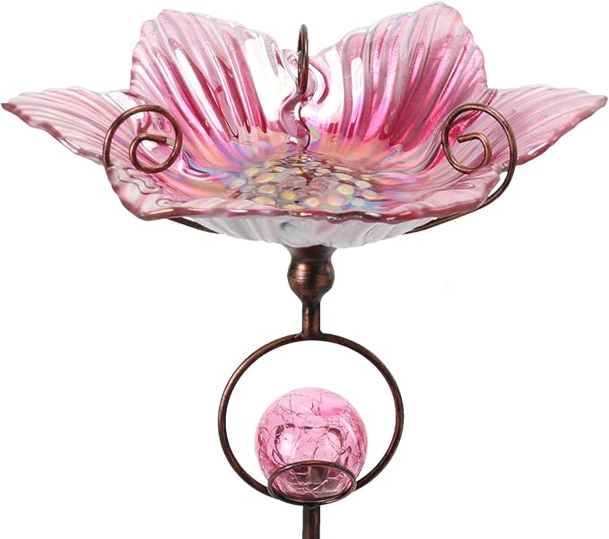 MUMTOP Glass Bird Baths for Outdoors, Flower Bird Baths Bowl with Solar Crackle Glass Globe Lights Decorations and Metal Stake for Outdoor Garden Yard Lawn Outside, Pink