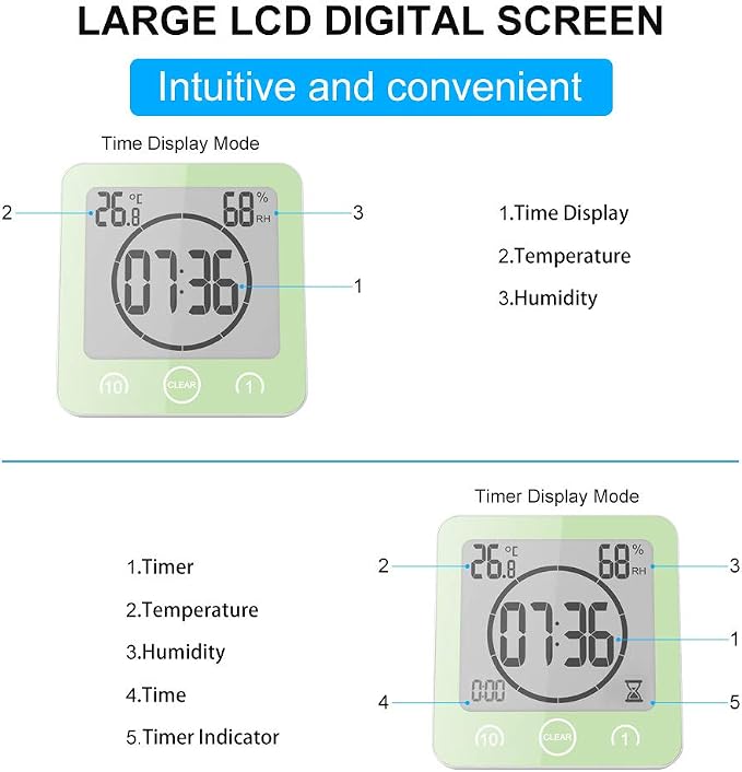 Digital Bathroom Shower Wall Clock Timer, LCD Digital Wall Clock with Suction Waterproof Temperature Humidity Gauge, Touch Screen Timer, Large Countdown Visual Timers Hanging Wall Clock (Green)