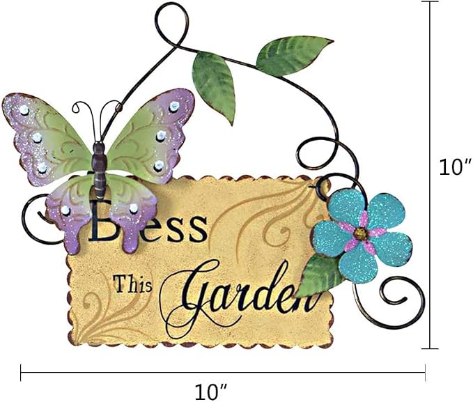 Linfevisi Metal Garden Welcome Sign Decor Rustic Hanging Plaque Decorative Garden Hanging Sign Bless This Garden Door Sign with Butterfly Daisy Outdoor Front Porch Yard 10 Inch (Yellow)