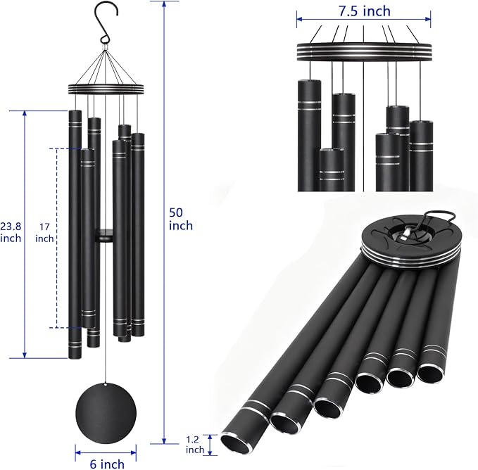 Extra Large Wind Chimes for Outside Deep Tone - Engraved Lines of Aluminum Tubes, Total 50 in Black Deep Tone Wind Chimes, Memorial Sympathy Gifts, Soothing Wind Chime Outdoor Garden Decor