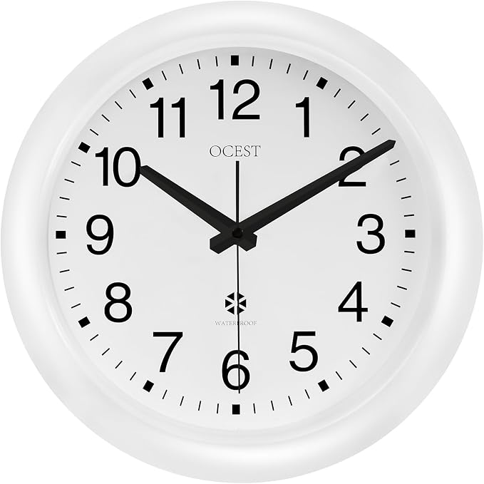 OCEST 12 Inch Sealed Indoor Outdoor Clock Waterproof, Silent Battery Operated Wall Clocks Decor for Patio Pool Porch Garden (White)
