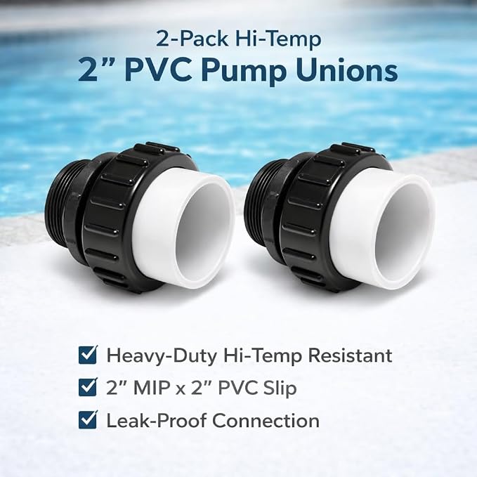 Appaetech | 2-Pack | Hi-Temp 2" PVC Pump Union Set – 2" MIP x 2" Slip Connectors for Pentair WhisperFlo & IntelliFlo Pumps | Heavy-Duty High-Temperature Resistant Pool Plumbing Fittings