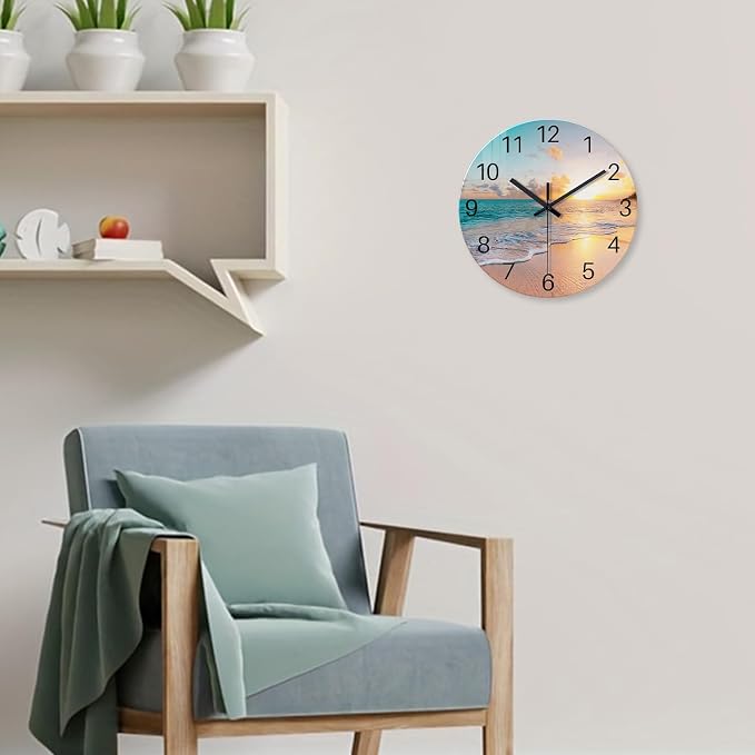 Glass Coastal Wall Clocks Battery Operated 14 Inch | Analog Round Wall Clock for Living Room Office Decor Blue Beach Wall Clock Silent Non Ticking