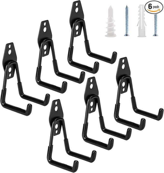 6 Pack Garage Hooks Heavy Duty - Supports 100 lbs | Utility Steel Garage Hanger & Organizer for Organizing Garden Lawn Tools, Ladders, Garden Hose, Digging Shovel, Bikes, Ropes