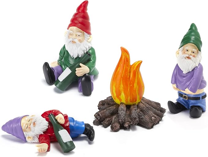 Extra Large Drunk Garden Gnomes Figurines | Set of 4 | Funny Dwarf Knomes Around Fire Pit, Adorable Naughty Drunken nombs Indoor & Outdoor Decor - Patio, Porch, Yard Lawn Art (Naughty Firepit Set)