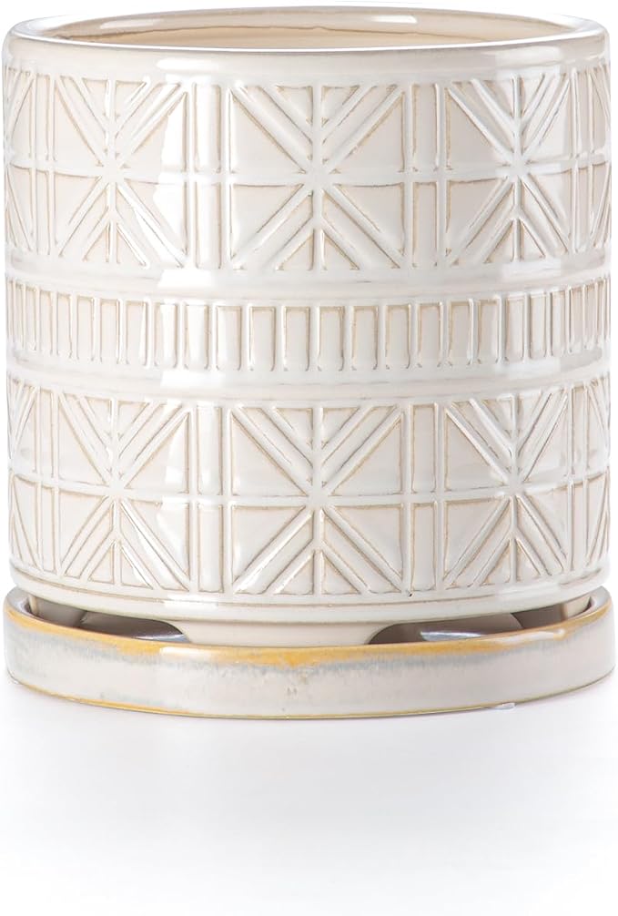 Ceramic Plant Pots Indoor-Outdoor: 6 Inch Embossed Planters with Drainage Hole & Saucer - Modern Decorative Flower Pots for Home Garden Patio Office Decor
