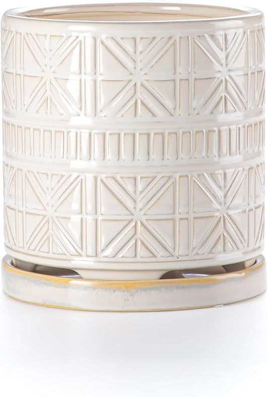 Ceramic Plant Pots Indoor-Outdoor: 6 Inch Embossed Planters with Drainage Hole & Saucer - Modern Decorative Flower Pots for Home Garden Patio Office Decor