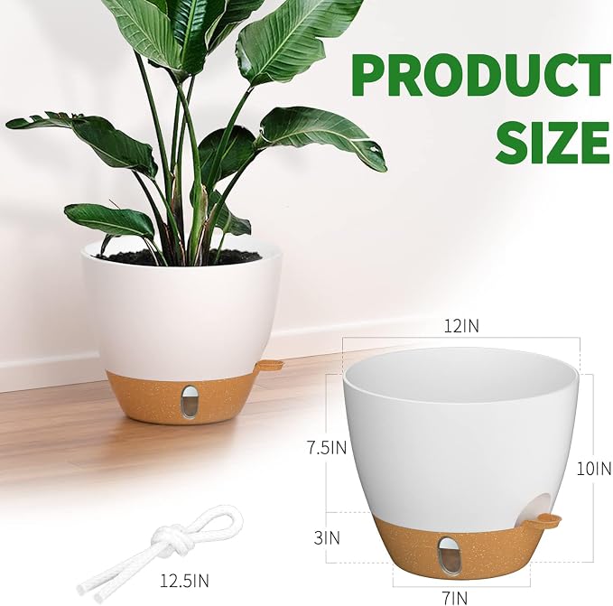 12 Inch Self Watering Pot for Indoor Outdoor Plants, Large Plastic Planter with Visual Water Window, Drainage Holes & Watering Lip, Modern Decorative Flower Pot (White)