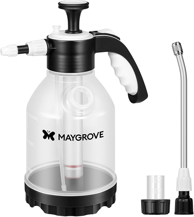 MAYGROVE 50oz Pump Sprayer, Hand Water Spray Bottle for Indoor Plant, Clear Plant Sprayer with Side Filling Port, Measuring Cup, Adjustable Nozzles, Safe Pressure Relief Valve