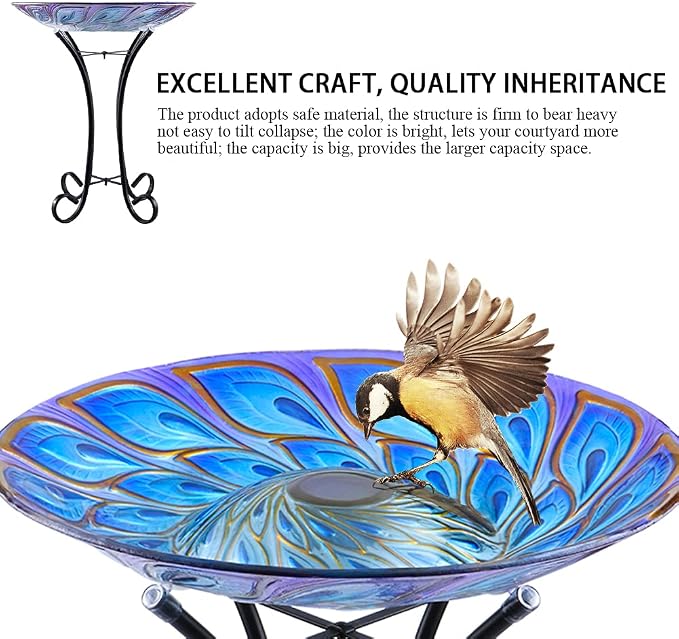 MUMTOP Outdoor Glass Bird Bath Solar Birdbaths with Metal Stand for Lawn Yard Garden Peacock Decor,18” Dia 21.65” Height