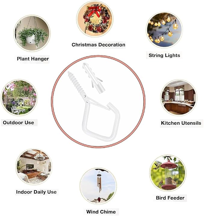52-Pack Heavy-Duty White Screw Eye Hooks with Safety Clips | Metal Ceiling Hooks for Hanging Plants, Wind Chimes, Bird Feeders & Indoor/Outdoor Lights