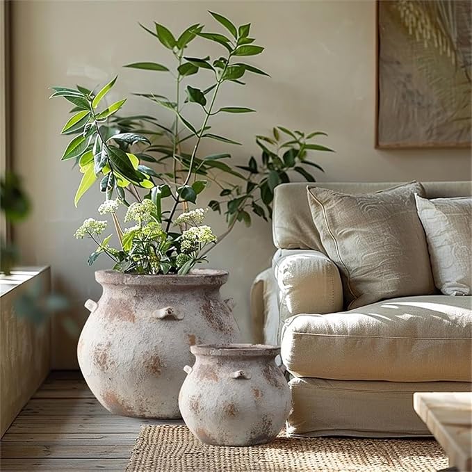 LuxenHome 15'' Dia Round Large Plant Pots, Off White Indoor Outdoor Planters with Drainage Holes, Rustic Distressed Flower Pot for Plants, Handmade Concrete Planter Pot for Home Patio Garden
