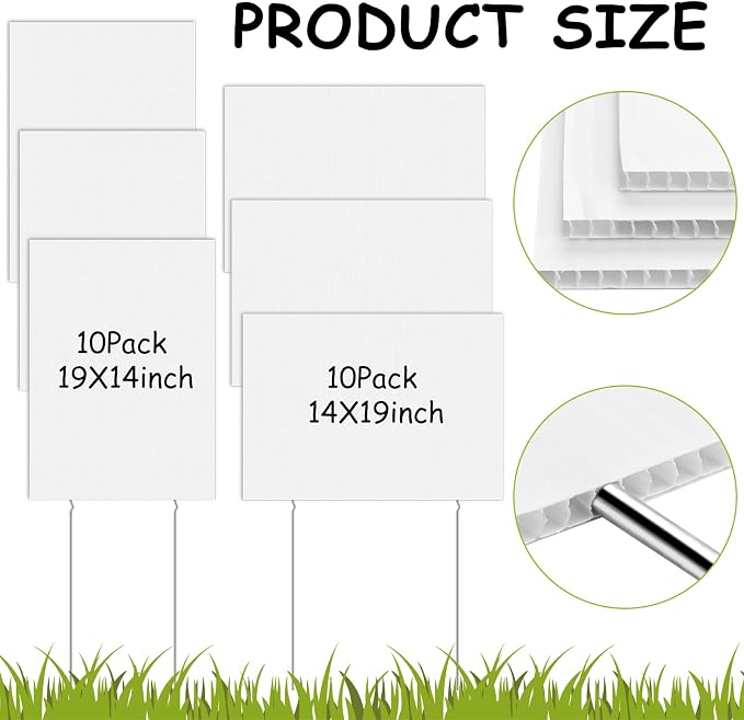 Wesiti 20 Pack Blank Yard Signs with Stakes Plastic Yard Lawn Sign Double Sided Corrugated Plastic Garage Sale Signs with Stakes for Rent Sign for Party Lawn Yard (White, 19 x 14 Inch)