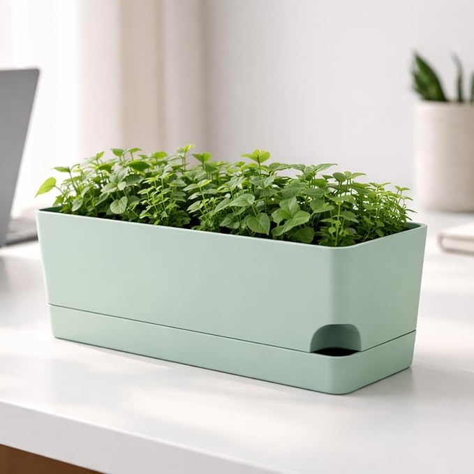 Party Zealot Window Boxes Planters, 3 Pack Self Watering Pots for Indoor Plants 17 Inch Rectangular Planter Rectangle Flower Pots Long Plant Pot Large Window Sill Herb Planter Box, Green