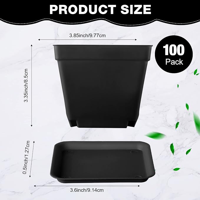Amyhill 100 Pcs 4 Inch Flower Pots Square Plants Nursery Pot Plastic Plant Seedling Pots Small Nursery Transplanting Planter Container with Saucer for Indoor Succulent Balcony Garden (Black)