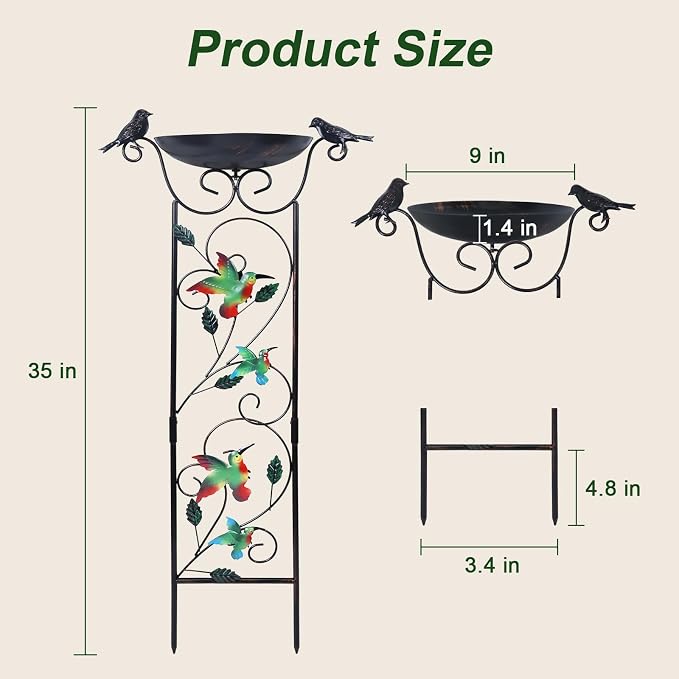 hogardeck 35” Metal Bird Bath with Garden Trellis for Climbing Plants Outdoor, Vintage Hummingbirds Decorative Birdbath, Garden Decor Metal Plant Support for Climbing Flowers