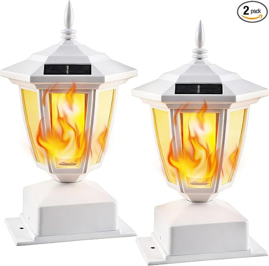 Dynaming 2 Pack Solar Flame Post Lights Outdoor, Solar Powered Lamps Fence Post Cap Lights, Flickering Flame LED Lantern Waterproof for Garden Deck Patio, Fit 4x4, 5x5 or 6x6 Wooden Posts, White Shell