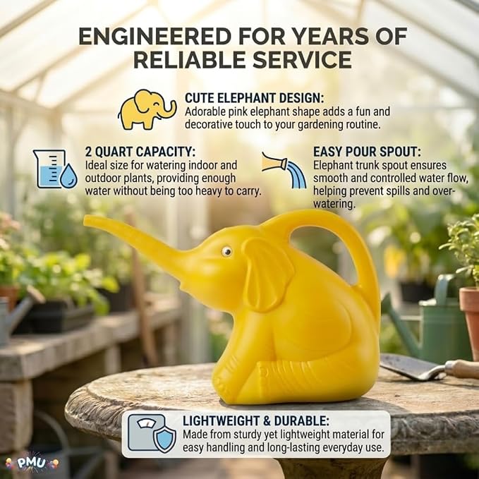PMU 2-Quart Elephant Watering Can – Durable Plastic Garden Watering Can for Indoor & Outdoor Plants, Easy-Pour Spout, Large Water Pot, Yellow