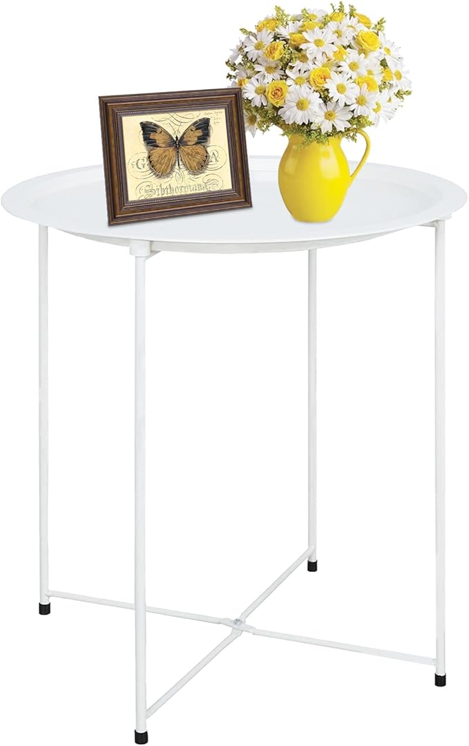 Garden 4 you End Table Metal Side Table White Round Folding Tray Cyan Sofa Small Accent Fold-able Table, Round End Table Tray, Next to Sofa Table, Snack Table for Living Room and Bed Room
