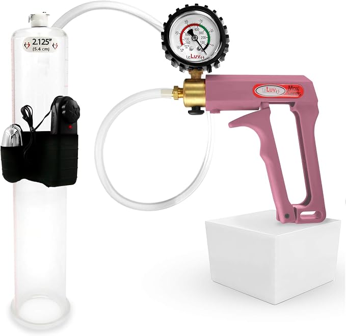 LeLuv Vibrating Penis Pump Maxi - Pink Nylon Handle + Protected Gauge - Bundle with Clear Hose - 12 inch Length x 2.125 Inch Diameter Cylinder
