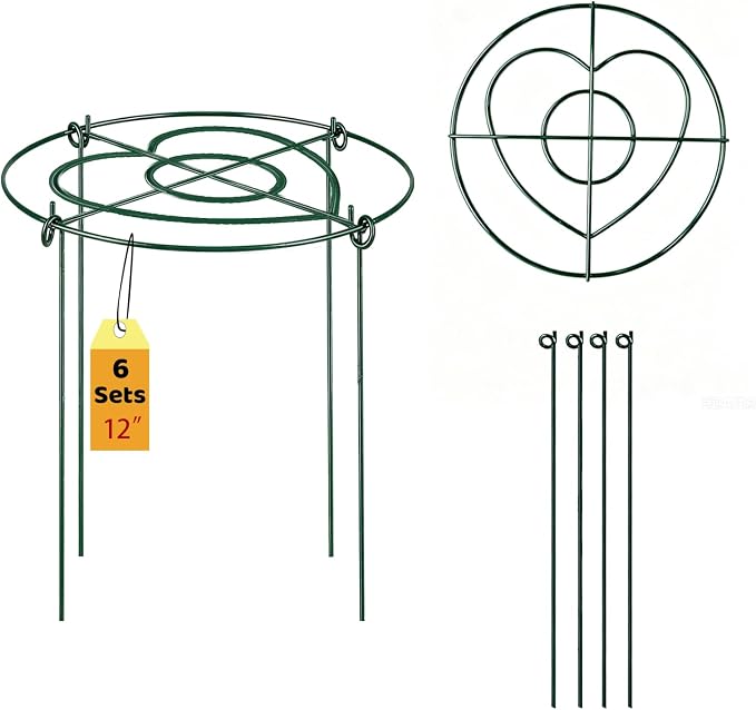(6 Sets) Peony Cages and Supports, 12" Diameter, 4 x 16 Inches Legs, Heavy Duty Rust-Proof Grow Through Plant Support for Outdoor Flower Plants, Metal Grid Ring Hoop for Peonies, Roses, Orchids
