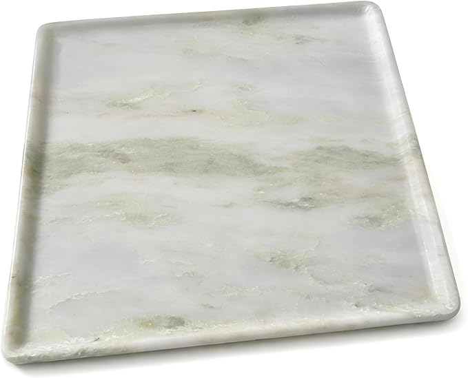 Real Natural Marble Tray 10.2in Square Solid Stone Decorative Plate | Luxury White Marble Decor Tray for Candle, Jewelry, Plant. Food-Safe Solid Stone Serving Dish with Unique Veining