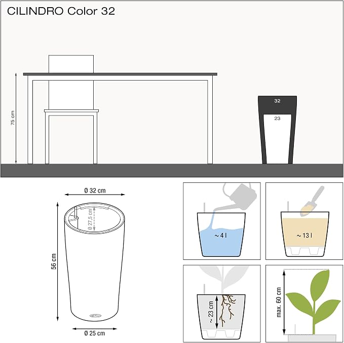 Lechuza CILINDRO Color 32 Slate, Self-Watering Tall Planter, D12.6 H22 in