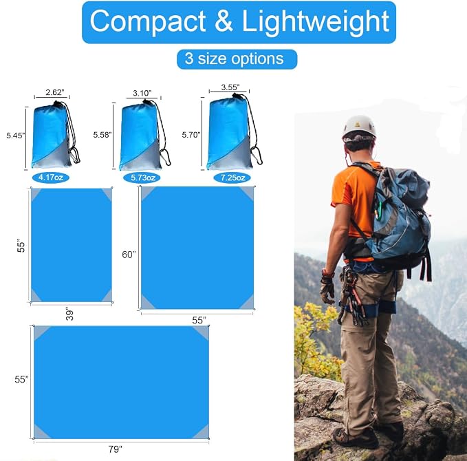 Orga'Neat Pocket Picnic Blanket, Beach Mat Waterproof Sandproof, Compact Lightweight Small Tarp for Camping, Hiking, Backpacking, Festival, Travel, Foldable in Bags (Blue/Grey, 55"x39")