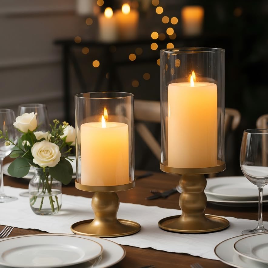 NITIME 2Pcs Hurricane Candle Holder for Pillar Candles, Gold Candle Holders with Clear Glass Sleeve for Table Centerpieces,Pillar Candle Holders for Home Decor, Wedding, Holiday and Party Decor - Image 3