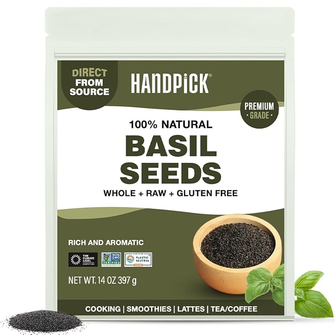 HANDPICK Holy Basil Seeds (397g/14oz) | 2x More Fiber than Chia | Edible Basil Seeds, Gluten free, Raw Sabja, Tukmaria Seeds | Prebiotic | Packed in Resealable Zip Lock Pouch (Packaging may vary)