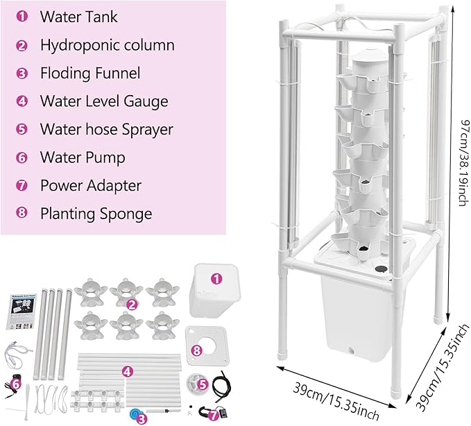 Hydroponic Tower Growing System Kits with LED Grow Lights 30 Pods Indoor Vertical Planter Germination Kit 6 Layers Hydroponic Tower for Fruits, Vegetables, Herbs, and Miniature Greens (White)