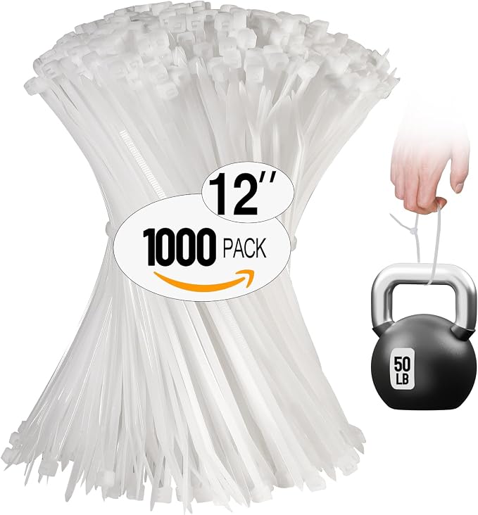 White Zip Ties 12 Inch 1000 Pack, 50 lbs Heavy Duty Tensile Strength, UV Resistant Self-Locking Nylon Cable Ties for Bulk Indoor/Outdoor Use (Fence, Garage, Camping)