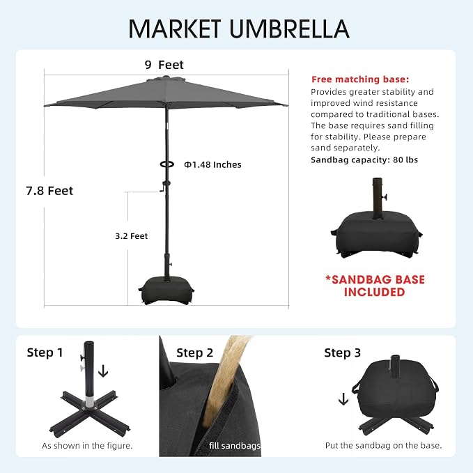 wikiwiki 9FT Patio Umbrella with Base, Outdoor Umbrellas with Base Included, 8 Sturdy Ribs, Waterproof Fade Resistant POLYESTER DTY Canopy for Deck, Lawn, Garden, Backyard & Pool, Dark Gray