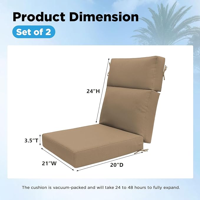 Sunbrella Outdoor Patio Chair Cushions 44x21x3.5 inch, Set of 2 Thicken Comfy Cushions for Rocker Non Slip Fade Shield Water Repellent High Back with Ties, Canvas Camel