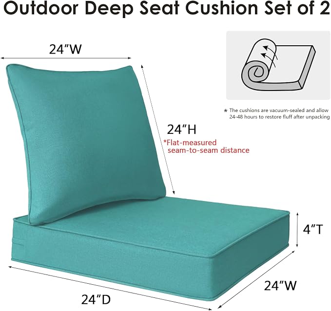 Unimatta Outdoor Patio Chair Cushions Set, 24" x 24"(24x24 Back), Set of 2, Water-Repellent, Fade Resistant, Deep Seat Bottom and Back Cushion for Backyard, Couch, Sofa, Turquoise