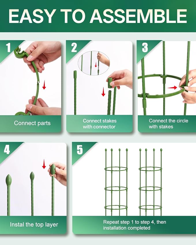 Breeze Touch Tomato Support Cages 2 Pack, Adjustable Tomato Trellis Up to 59 Inch for Garden & Pots, Small Plant Cages, Plant Support for Climbing Vegetables, Flowers, Beans, Cucumber, Peony