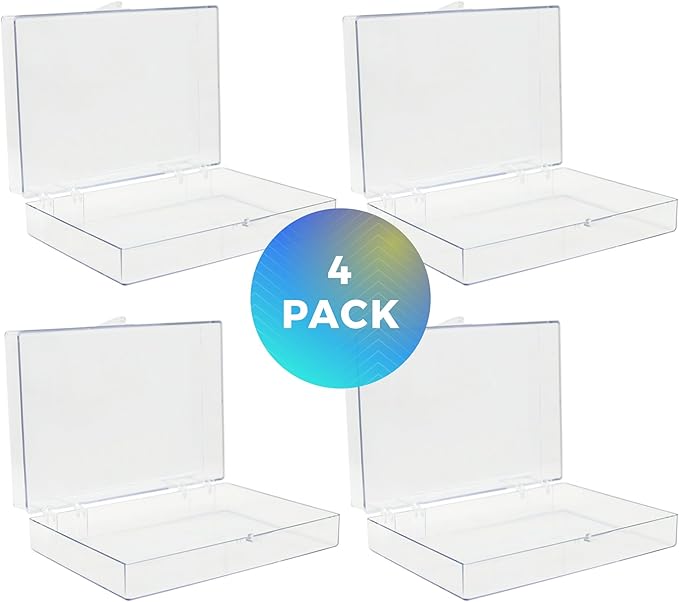 Clear Hinged Plastic Storage Boxes (4 Pack) – 7" x 5" x 1.75" Small Organizer Containers for Crafts, Games, Office Supplies – Stackable, Durable, BPA-Free, Made in USA