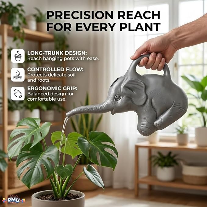 PMU 6 Pcs 2-Quart Elephant Watering Can – Durable Plastic Garden Watering Can for Indoor & Outdoor Plants, Easy-Pour Spout, Large Water Pot, Gray