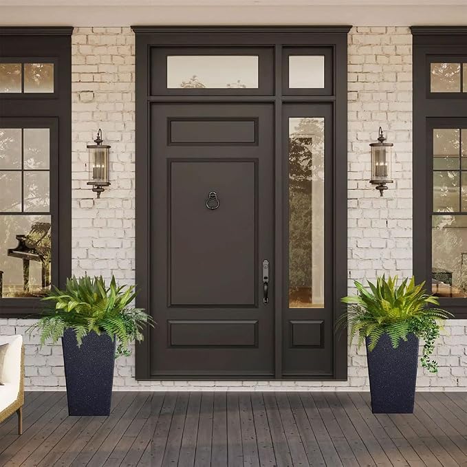 2 Sets Large Tall Black Planters Planter 21''H x 12''W | Faux Stone, Tapered Resin Plastic,For Outdoor Indoor Plants,For Porch Patio Garden Front Door,Heavy Duty,With Drainage Tray