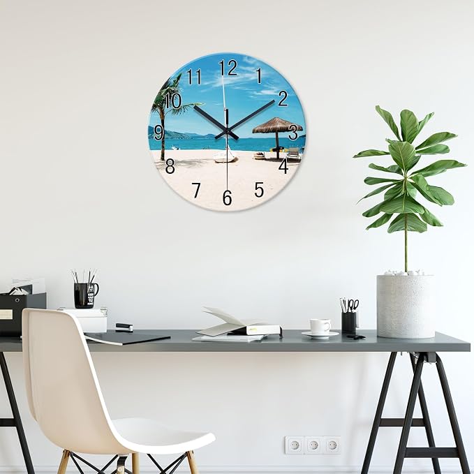 XFM Beach Wall Clock Battery Operated 14 Inch Blue Tropical Hawaii Coastal Wall Clocks for Living Room Bedroom Home Office Decor Silent Non-Ticking