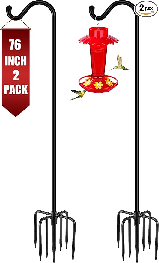 Gtongoko Shepherds Hook for Outdoor, 76 Inch Bird Feeder Pole with 7 Prongs Base, 3/4 Inch Thick Heavy Duty Adjustable Garden Hook for Hanging Plant, Hummingbird Feeder, Lantern, 2 Pack