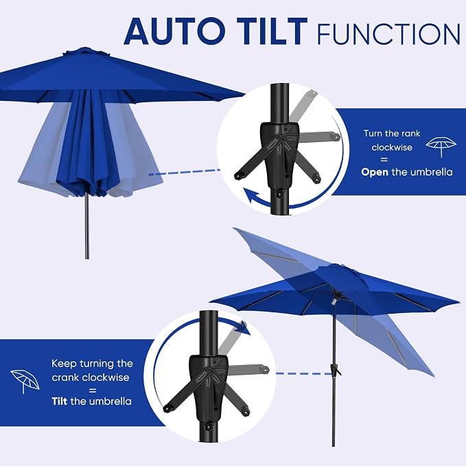 Tempera Patio Market Outdoor Table Umbrella with Auto Tilt and Crank, Large Sun Umbrella with Sturdy Pole & Fade Resistant Canopy, Easy to Set