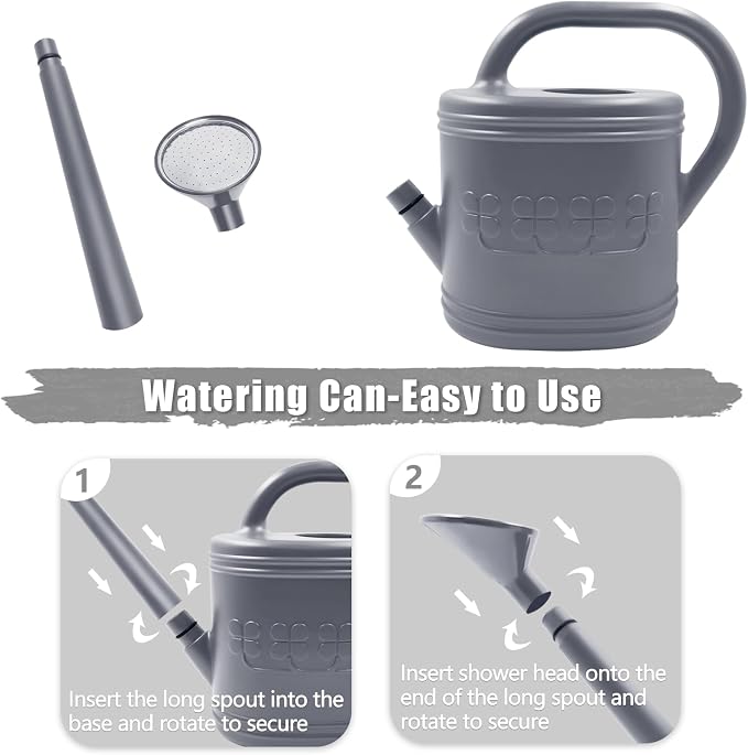 2 Gallon Watering Can, Outdoor Watering Can for Plants, Garden Water Can with Removable Long Spout and Stainless Steel Sprinkler Head, Large Water Can for Greenhouse (Grey, 2 Gallon)